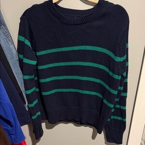 GAP Women’s Navy and Green Striped Knit Sweater